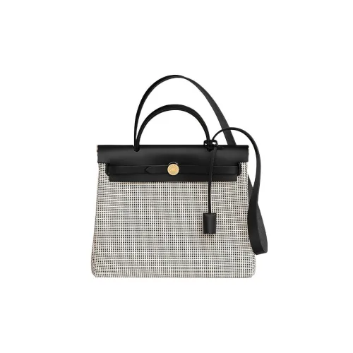 HERMES Herbag Zip Canvas With Leather Shoulder Bag Crossbody Bag Handbag Unisex Light Beige/White/Black