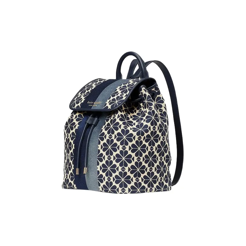 Kate Spade Spade Flower Smooth Leather Trim Jacquard Fabric Backpack Medium Size Women's Marine Blue & White-1