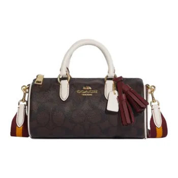 COACH Lacey Artificial Leather Boston Bag, Handbag, Shoulder Bag, Crossbody Bag Trumpets Women's Brown & Chalk White