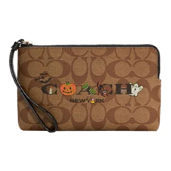 COACH Corner Zip Artificial Leather Wrist Bag Clutch Small Size Women's Khaki & Black
