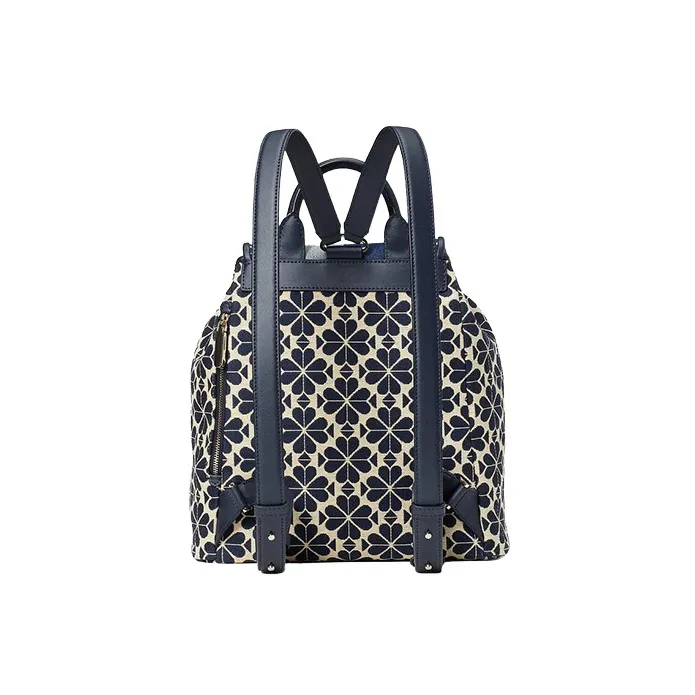 Kate Spade Spade Flower Smooth Leather Trim Jacquard Fabric Backpack Medium Size Women's Marine Blue & White-2