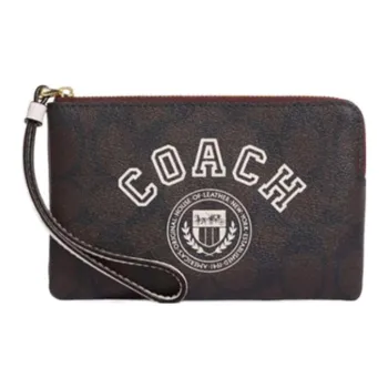 COACH Corner Zip Artificial Leather Wrist Bags Clutches Small Size Women's Brown & Chalk White