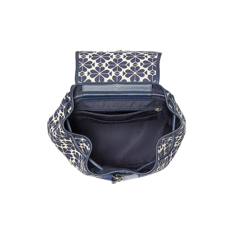Kate Spade Spade Flower Smooth Leather Trim Jacquard Fabric Backpack Medium Size Women's Marine Blue & White-3