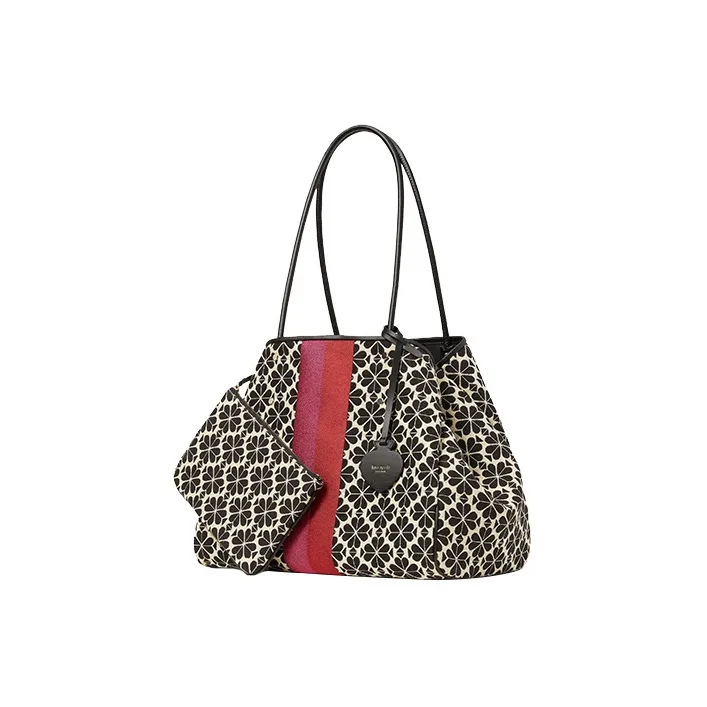 Kate Spade Calfskin With Cotton Tote Bag Shopping Bag Shoulder Bag Handbag Large Size Women's Black & Cream-1