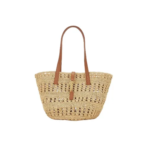 SAINT LAURENT Raffia Patchwork Cow Leather Tote Bag Shopping Bag Shoulder Bag Handbag Regular Women's Brown