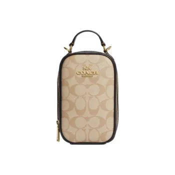 COACH Eva Artificial Leather Cell Phone Pouch Handbag Shoulder Bag Crossbody Bag Mini Women's Light Khaki & Brown