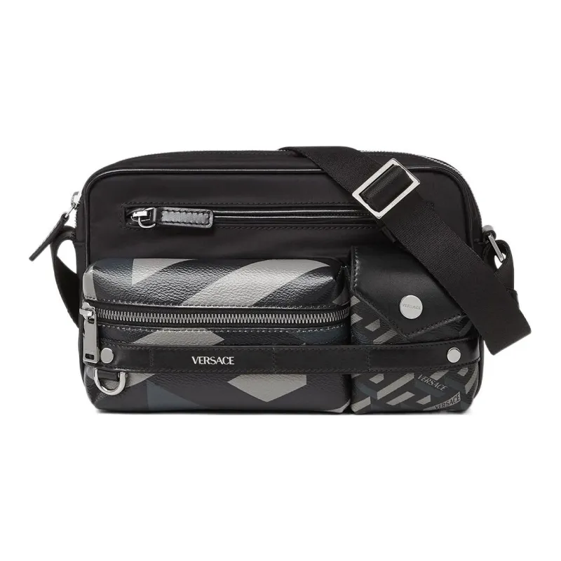 VERSACE Calfskin Trim Messenger Bag Crossbody Bag Shoulder Bag Men's Black-0