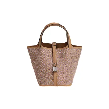 HERMES Picotin Swift Calfskin Basket Bag Handbag Bucket Bag 18 Women's Milk Tea Beige With Rose And White Accents