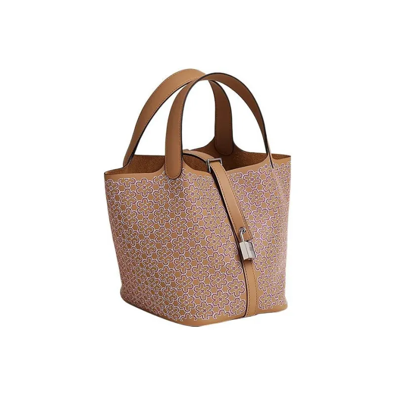 HERMES Picotin Lock Swift Calfskin Basket Bag, Bucket Bag, Handbag 18 Women's Milk Tea & Rose & White-1