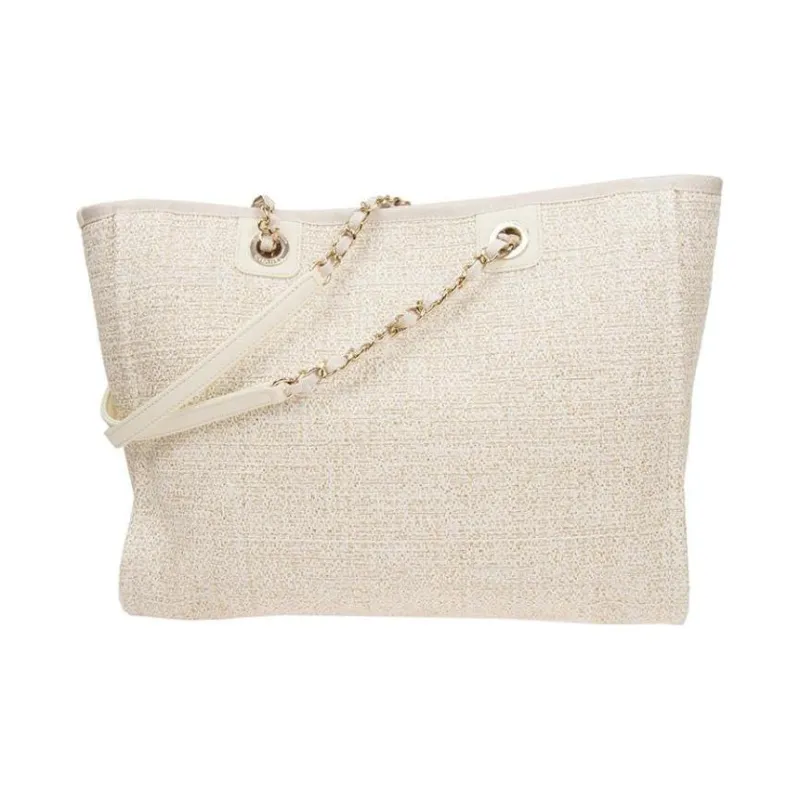 CHANEL Tweed Leather Tote Bag, Shopping Bag, Shoulder Bag, Handbag Women's Milk White-3