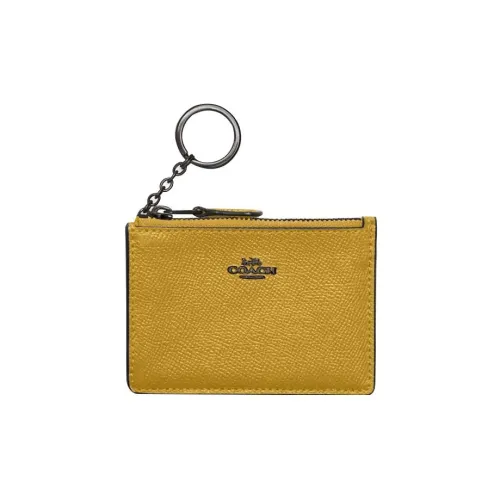 COACH Crisscross Grained Leather Wallets Card Holders Mini Women's Linen Yellow