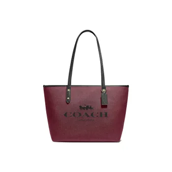 COACH Fabric With Cow Leather Tote Bag Shopping Bag Shoulder Bag Handbag Large Size Women's Burgundy