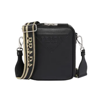 PRADA Saffiano Leather Crossbody Bag Shoulder Bag With Cell Phone Pouch Men's Black