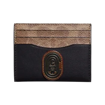 COACH Card Case Smooth Leather With Coated Canvas Coin Purse, Card Holder Mini Men's Black & Monogram Brown