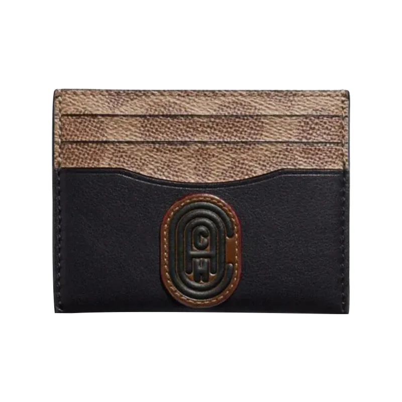 COACH Card Case Smooth Leather With Coated Canvas Coin Purse, Card Holder Mini Men's Black & Monogram Brown-0