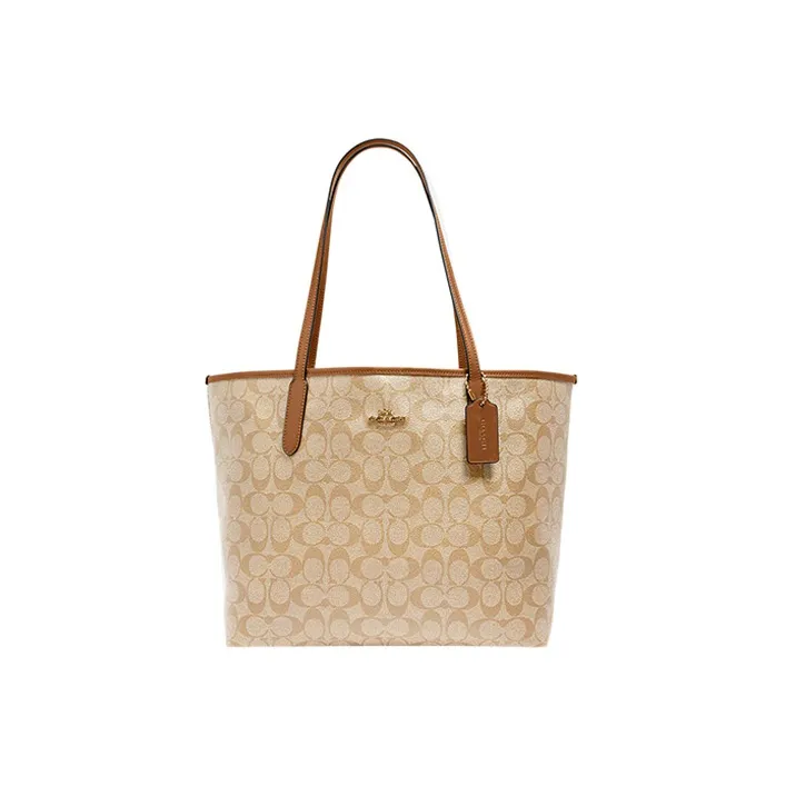 COACH City Coated Canvas With Leather Tote Bag Shopping Bag Shoulder Bag Handbag Women's Milk Tea Beige-0