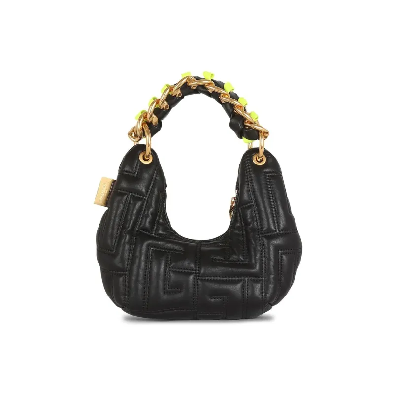 BALMAIN Pillow Quilting Leather Pillow Bag Hobo Bag Shoulder Bag Handbag Mini Women's Black-2