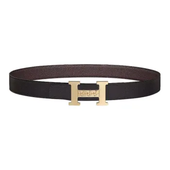 HERMES 5382 Gourmette Matte Light Gold Buckle Epsom Calfskin Double Sided Leather Belt Unisex Black Width  3.2cm