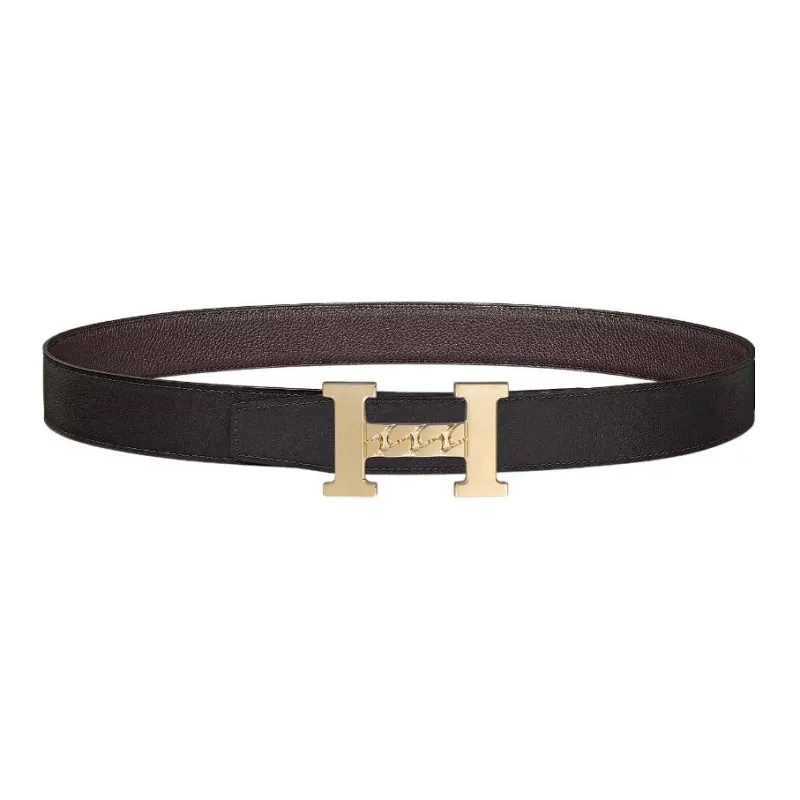 HERMES 5382 Gourmette Matte Light Gold Buckle Epsom Calfskin Double Sided Leather Belt Unisex Black Width  3.2cm-0