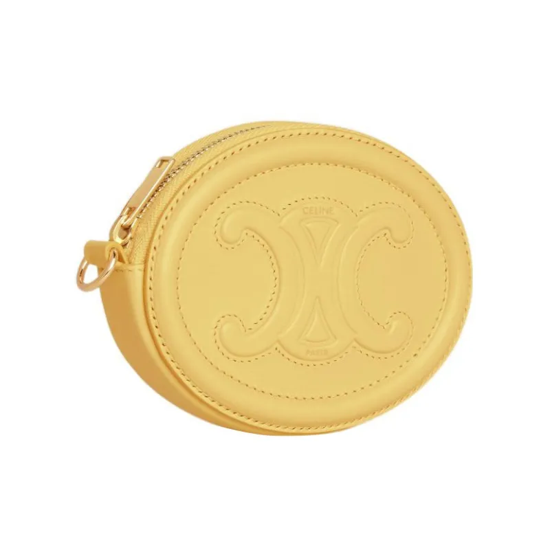 CELINE Triomphe Arc De Triomphe Smooth Cow Leather Round Bag Coin Purse Women's Yellow-1