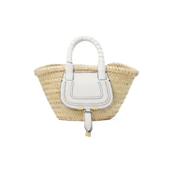 Chloe Marcie Raffia Grained Calfskin Basket Bag Handbag Mini Women's Beige/White