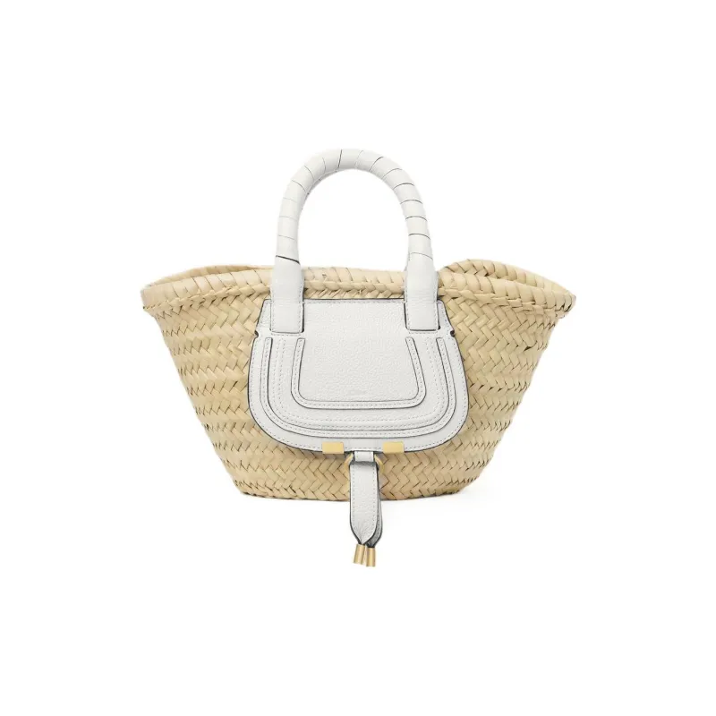 Chloe Marcie Raffia Grained Calfskin Basket Bag Handbag Mini Women's Beige/White-0