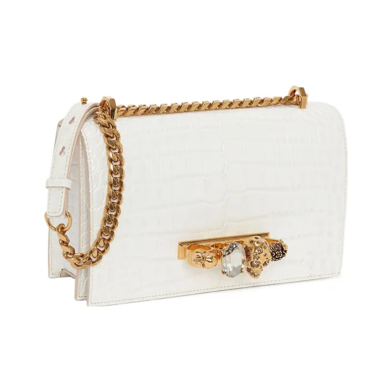 Alexander McQueen JEWELLED SATCHEL Calfskin Shoulder Bag, Crossbody Bag Women's White-3
