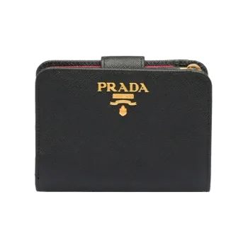 PRADA Saffiano Leather Wallet Women's Black/Wood Chrysanthemum Red