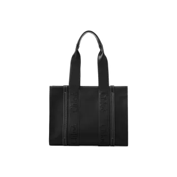 Chloe Woody Smooth Calf Leather Tote Bag, Shopping Bag, Shoulder Bag, Handbag Medium Size Women's Black