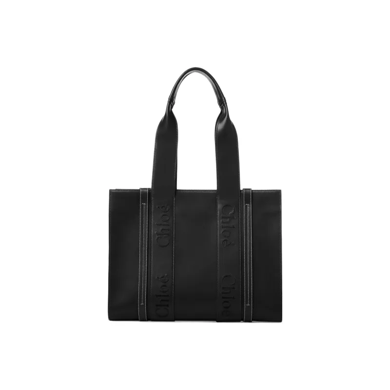 Chloe Woody Smooth Calf Leather Tote Bag, Shopping Bag, Shoulder Bag, Handbag Medium Size Women's Black-0