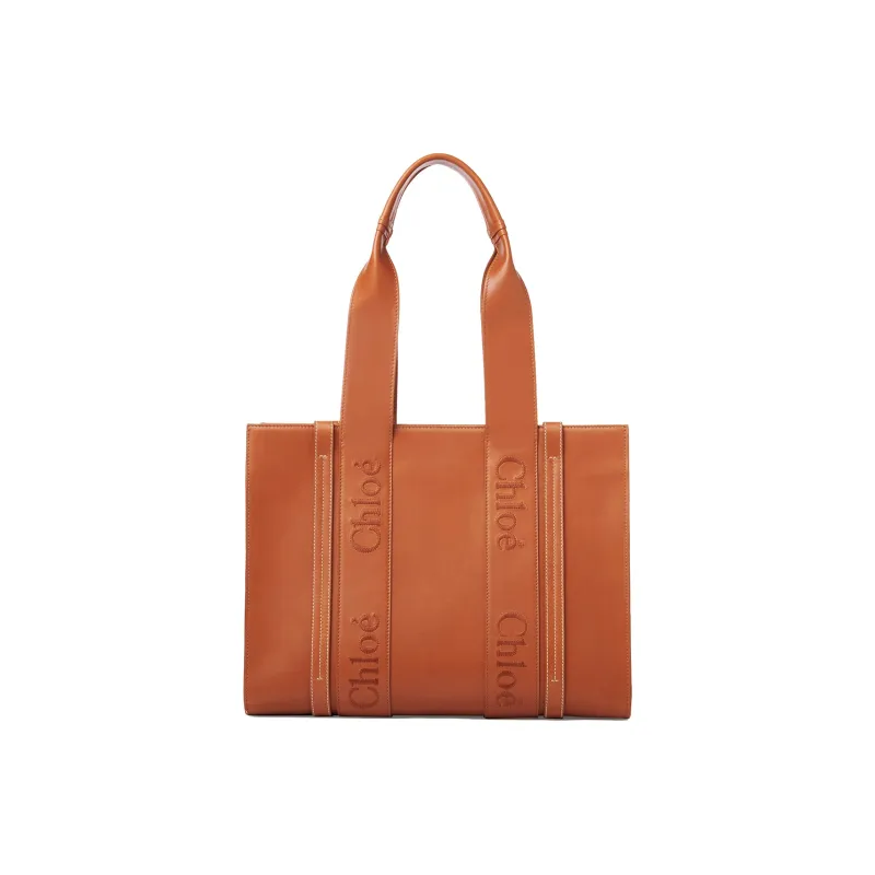 Chloe Woody Smooth Calf Leather Tote Bag Shopping Bag Shoulder Bag Handbag Medium Size Women's Brown-0