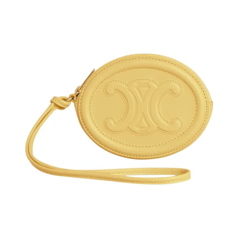 CELINE Triomphe Arc De Triomphe Smooth Cow Leather Round Bag Coin Purse Women's Yellow-3