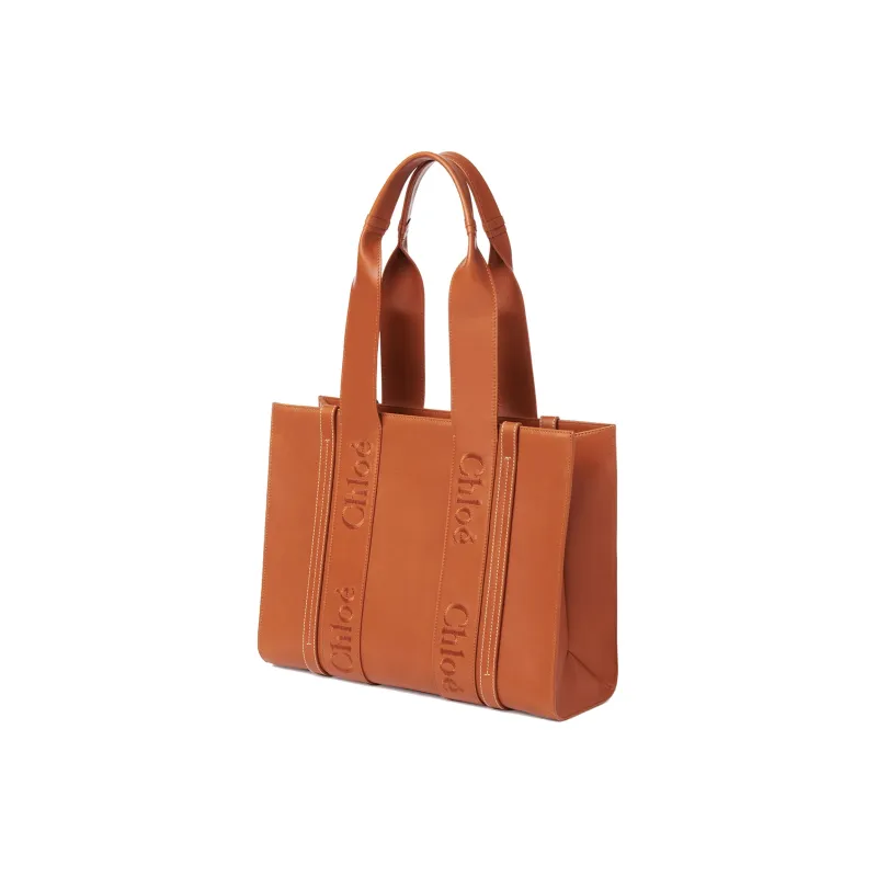 Chloe Woody Smooth Calf Leather Tote Bag Shopping Bag Shoulder Bag Handbag Medium Size Women's Brown-1