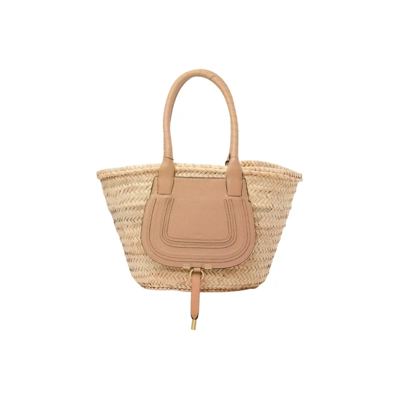 Chloe Marcie Raffia Grained Calfskin Tote Bag Shopping Bag Handbag Medium Size Women's Camel-0
