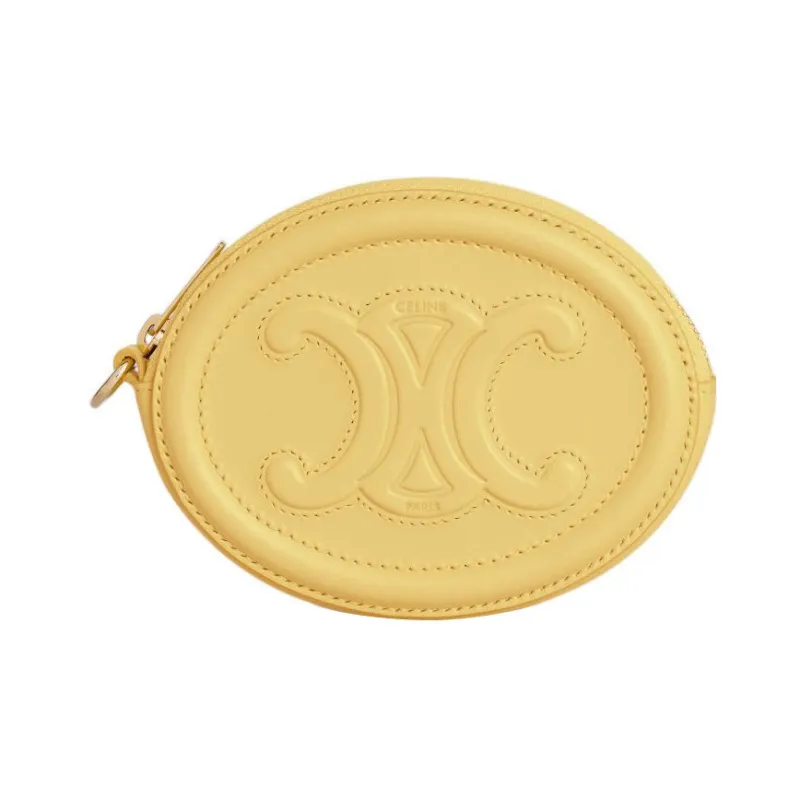 CELINE Triomphe Arc De Triomphe Smooth Cow Leather Round Bag Coin Purse Women's Yellow-0