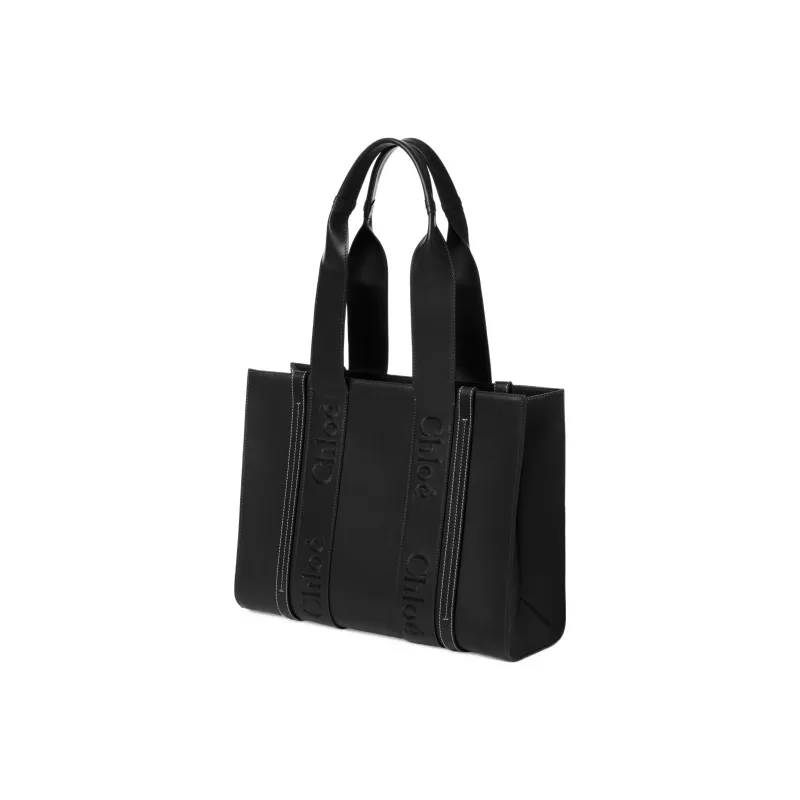 Chloe Woody Smooth Calf Leather Tote Bag, Shopping Bag, Shoulder Bag, Handbag Medium Size Women's Black-1