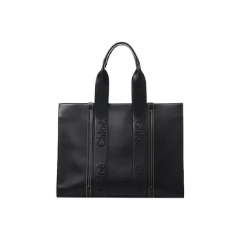 Chloe Woody Smooth Calf Leather Tote Bag Shopping Bag Handbag Large Size Women's Black