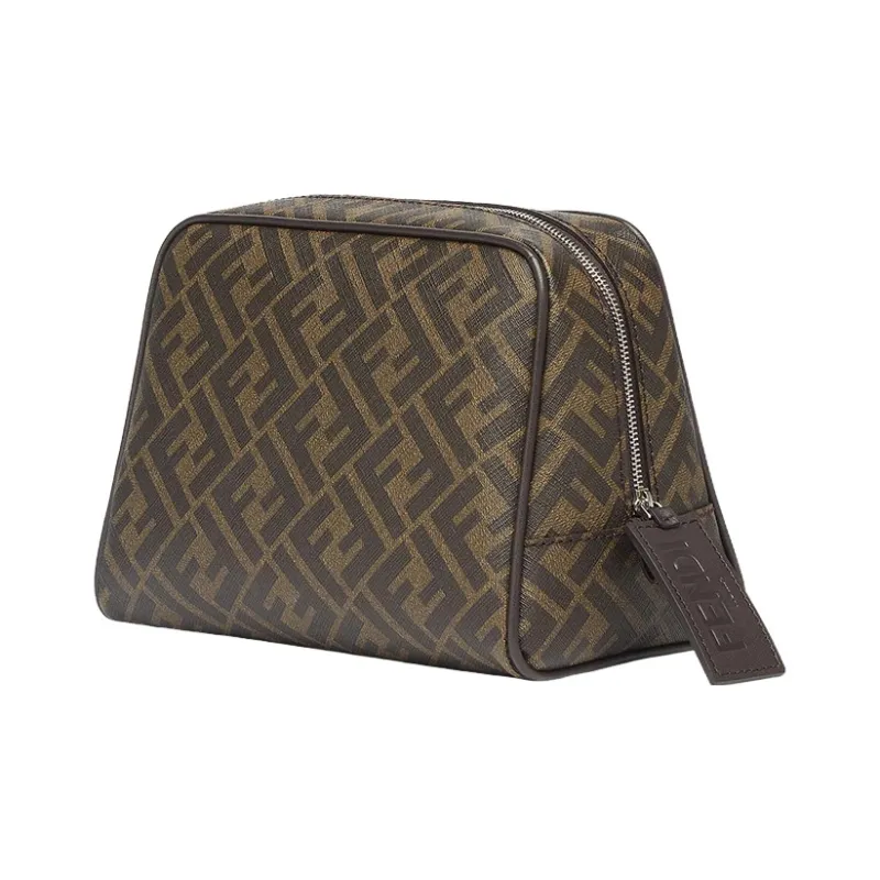 FENDI Cow Leather Makeup Bag Men's Brown-1