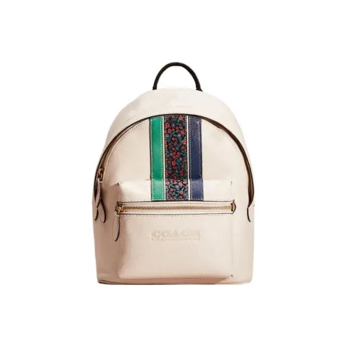 COACH Charter Glossy Pebbled Leather Backpack Medium Size Women's Chalk White