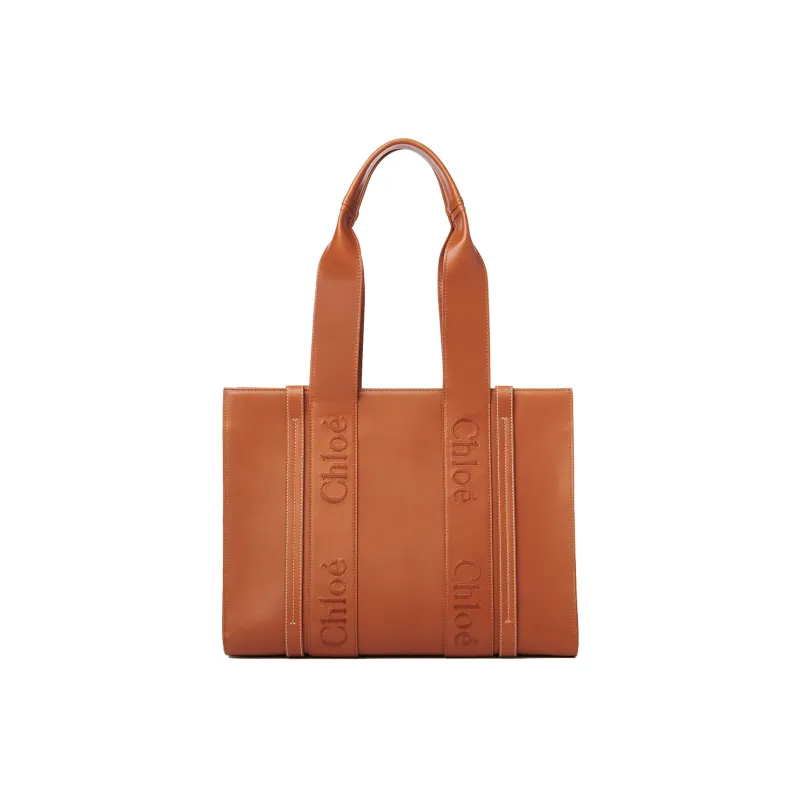 Chloe Woody Smooth Calf Leather Tote Bag Shopping Bag Shoulder Bag Handbag Medium Size Women's Brown-2