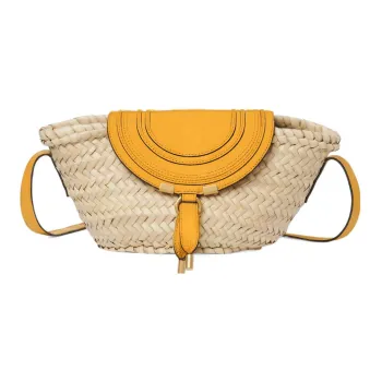 Chloe Marcie Straw Woven With Cow Leather Baskets Bag, Crossbody Bag, Shoulder Bag Small Size Women's Beige/Yellow