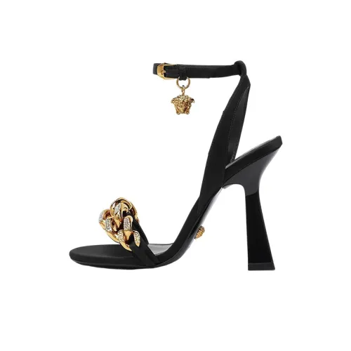 VERSACE Medusa 110mm Chain High Heeled Sandals Black Satin