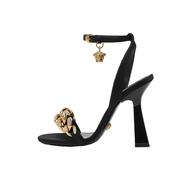 VERSACE Medusa 110mm Chain High Heeled Sandals Black Satin Women's-0