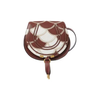 Chloe Marcie Nappa Lambskin Patchwork Shimmering Calfskin Saddle Bag Shoulder Bag Crossbody Bag Small Size Women's Tan