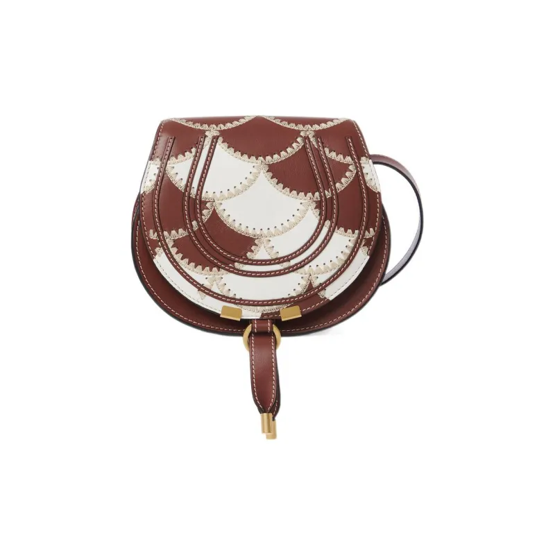 Chloe Marcie Nappa Lambskin Patchwork Shimmering Calfskin Saddle Bag Shoulder Bag Crossbody Bag Small Size Women's Tan-0