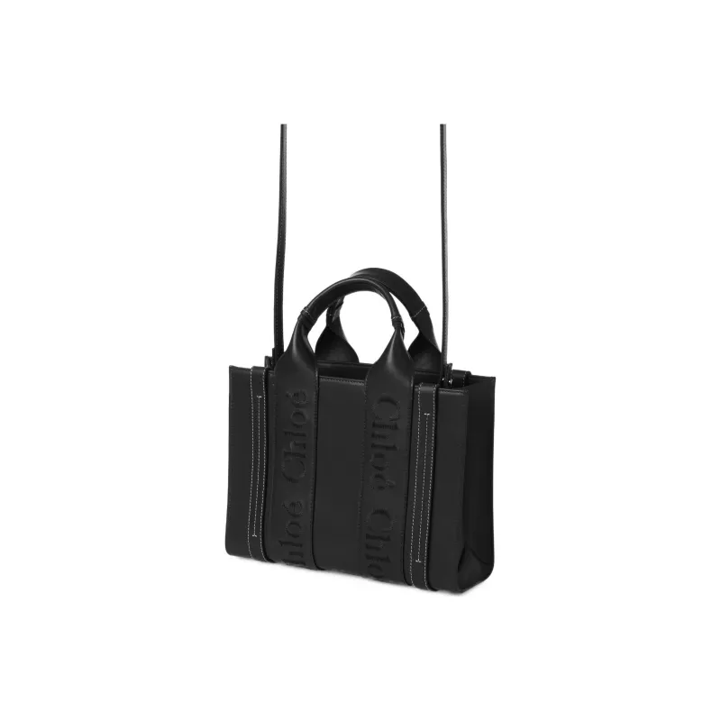 Chloe Woody Smooth Calf Leather Tote Bag Shopping Bag Shoulder Bag Crossbody Bag Handbag Small Size Women's Black-2