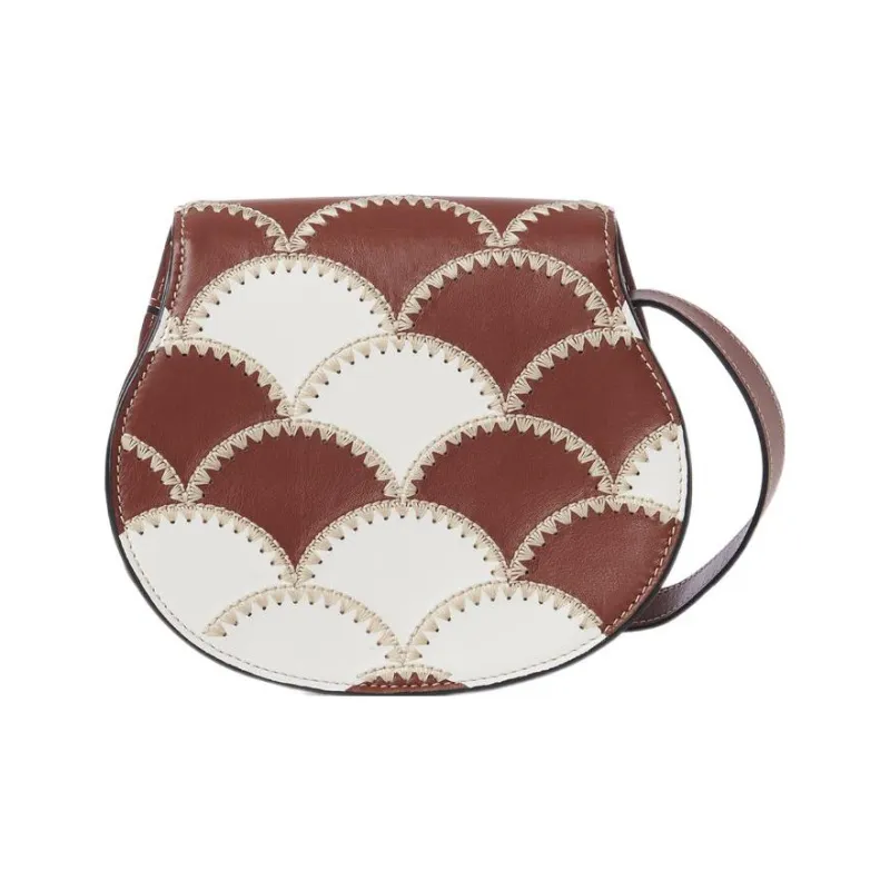 Chloe Marcie Nappa Lambskin Patchwork Shimmering Calfskin Saddle Bag Shoulder Bag Crossbody Bag Small Size Women's Tan-2