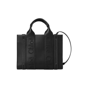 Chloe Woody Smooth Calf Leather Tote Bag Shopping Bag Shoulder Bag Crossbody Bag Handbag Small Size Women's Black
