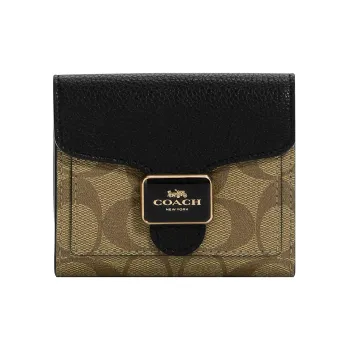 COACH Pepper Coated Canvas With Refined Pebbled Leather Card Holder Wallet Women's Khaki & Black