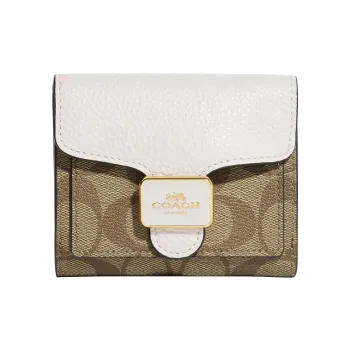 COACH Pepper Coated Canvas With Refined Pebbled Leather Card Holder Wallet Regular Women's Khaki & Chalk White